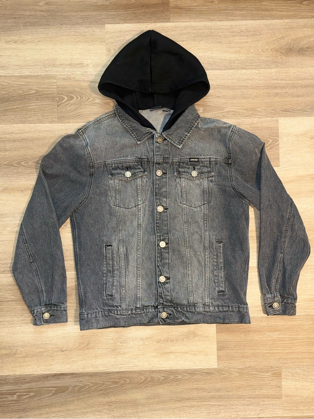 Santa Cruz Skateboards Men's Hooded Denim Jacket in Washed Gray with Black Hood